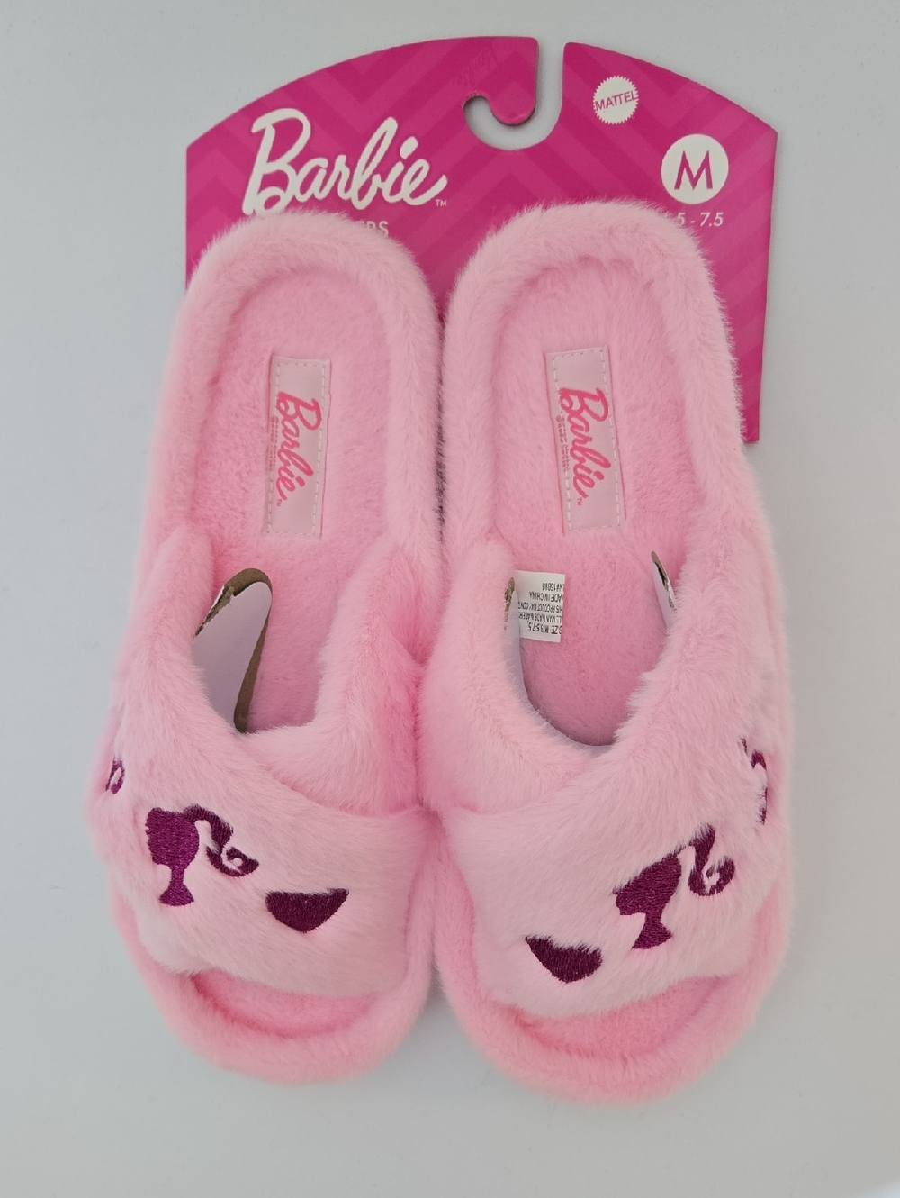 Barbie Women's Pink Memory Foam Faux Fur Plush Slide Slippers